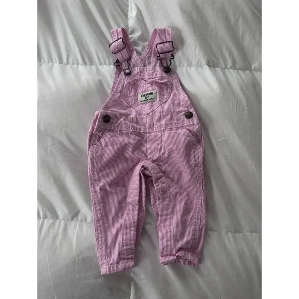 Vintage OshKosh B'gosh Pink Striped Heart Pocket Overalls 3m